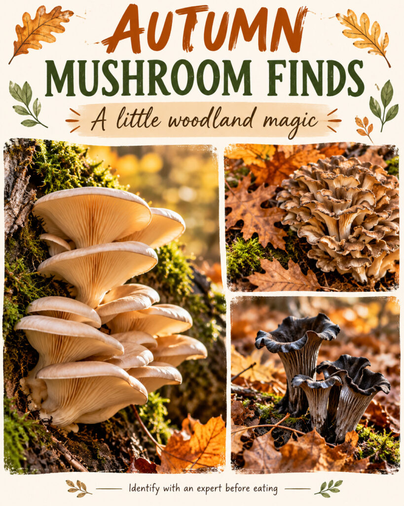 Autumn mushroom collage with shelf mushrooms on a tree, a ruffled brown cluster and dark trumpet-shaped mushrooms among leaves