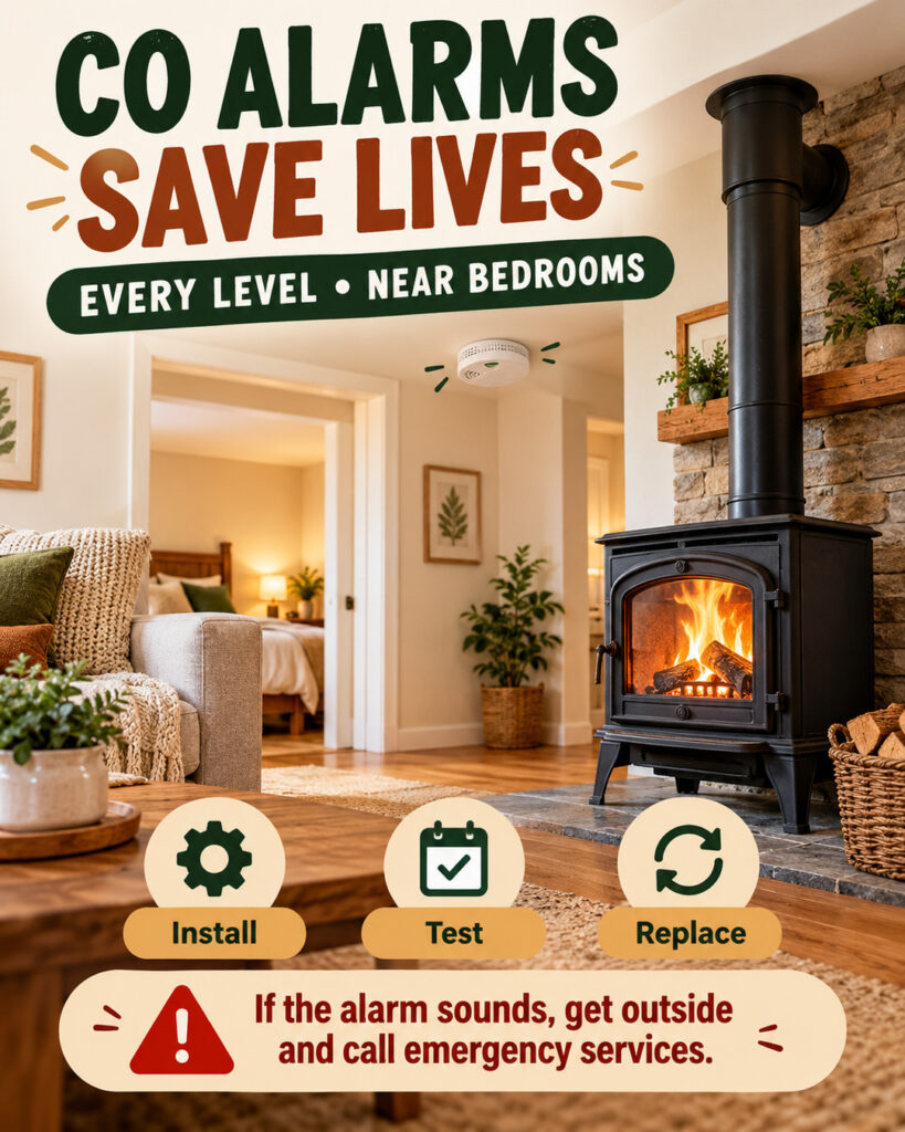 Carbon monoxide safety infographic showing a living room with a wood stove and a CO alarm