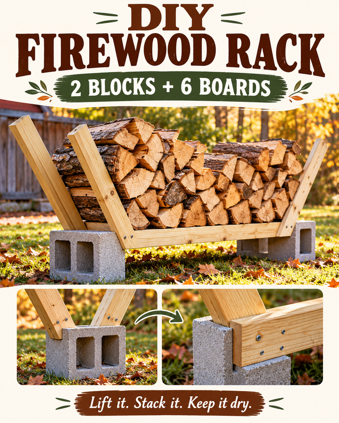 V-shaped firewood rack made with two concrete blocks and six wooden boards, with logs raised above the ground