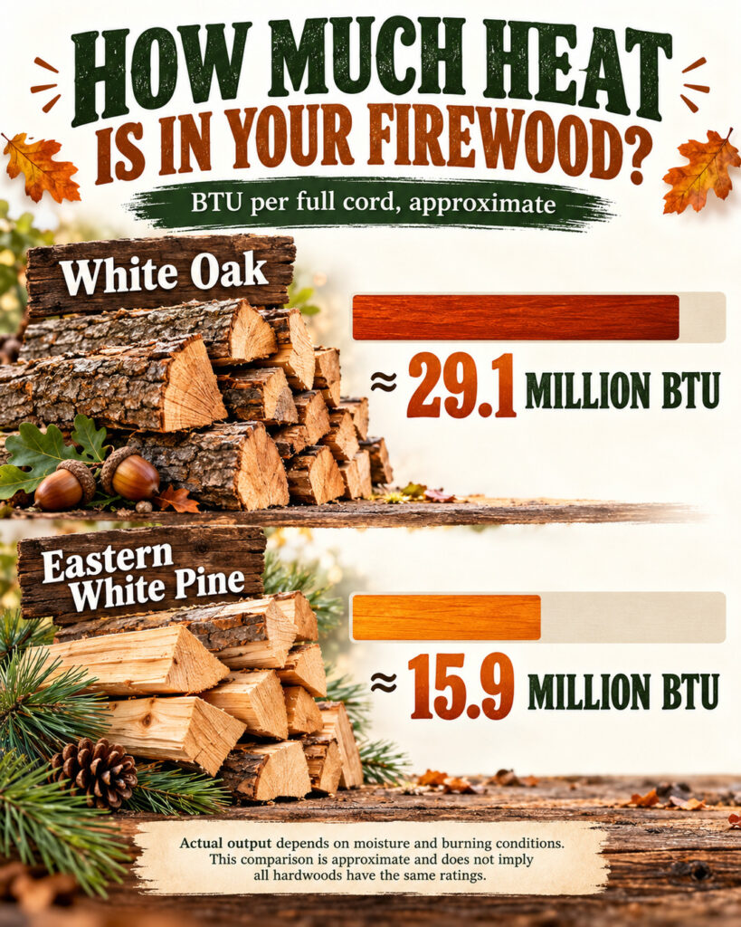 Firewood heat infographic comparing about 29.1 million BTU per cord for white oak and 15.9 million for Eastern white pine