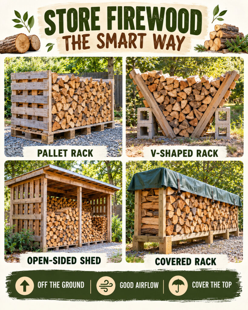 Four firewood storage options: a pallet rack, a V-shaped rack, an open-sided shed and a covered rack