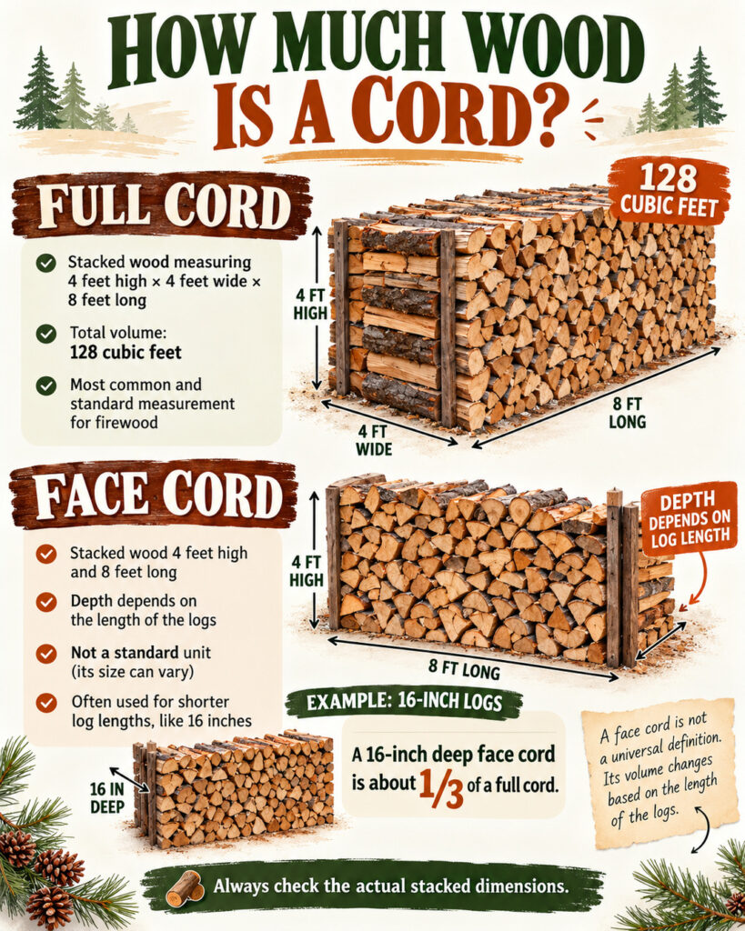 Firewood measurement infographic comparing a full cord of 4 by 4 by 8 feet with a face cord