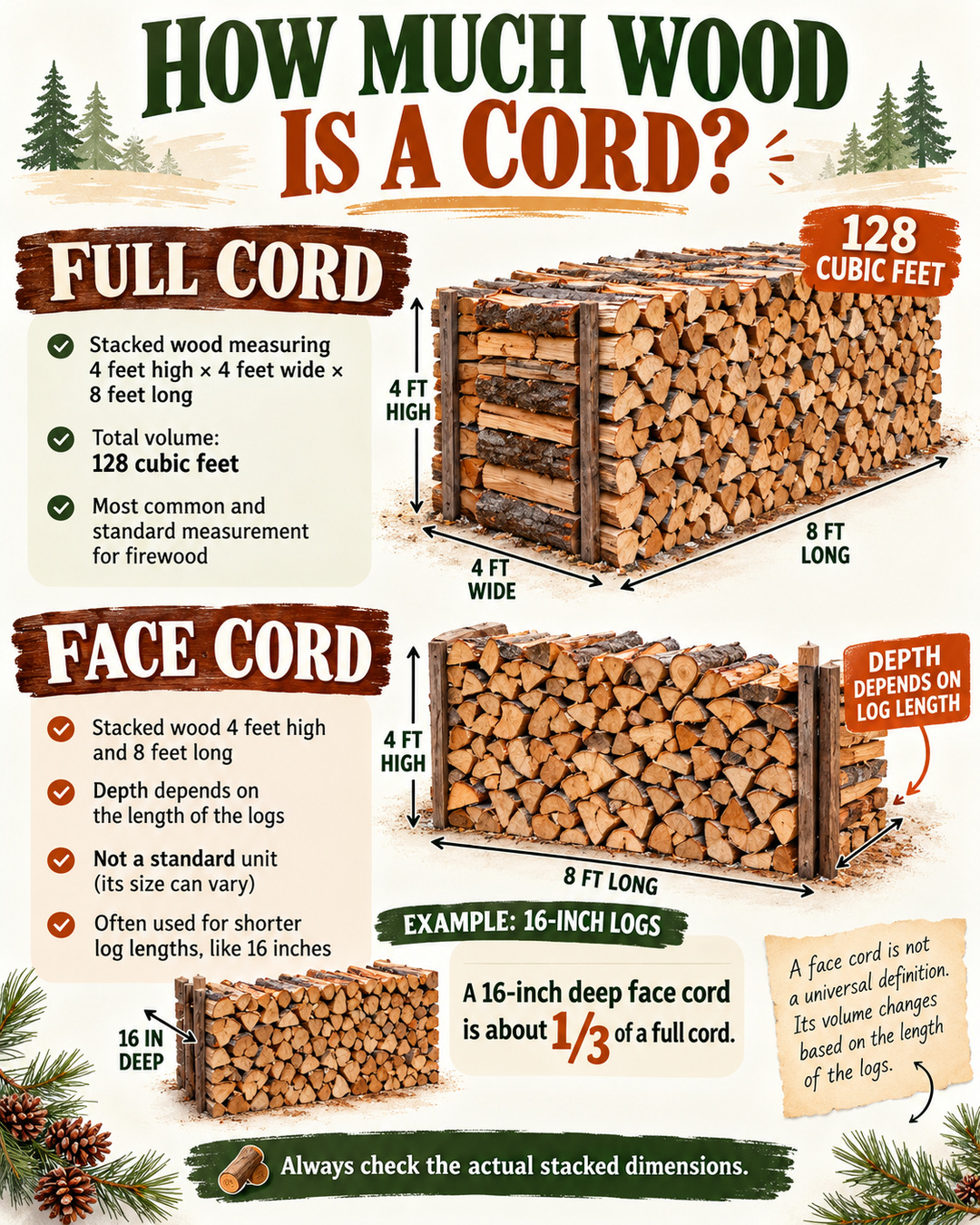 Firewood measurement infographic comparing a full cord of 4 by 4 by 8 feet with a face cord