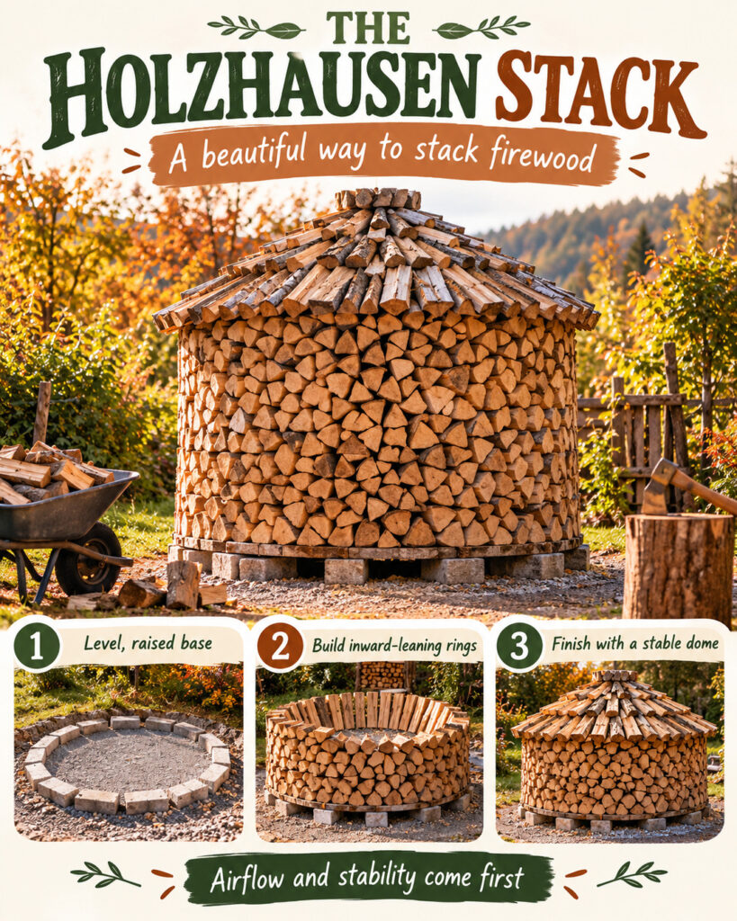 Round Holzhausen firewood stack with a domed top in an autumn yard