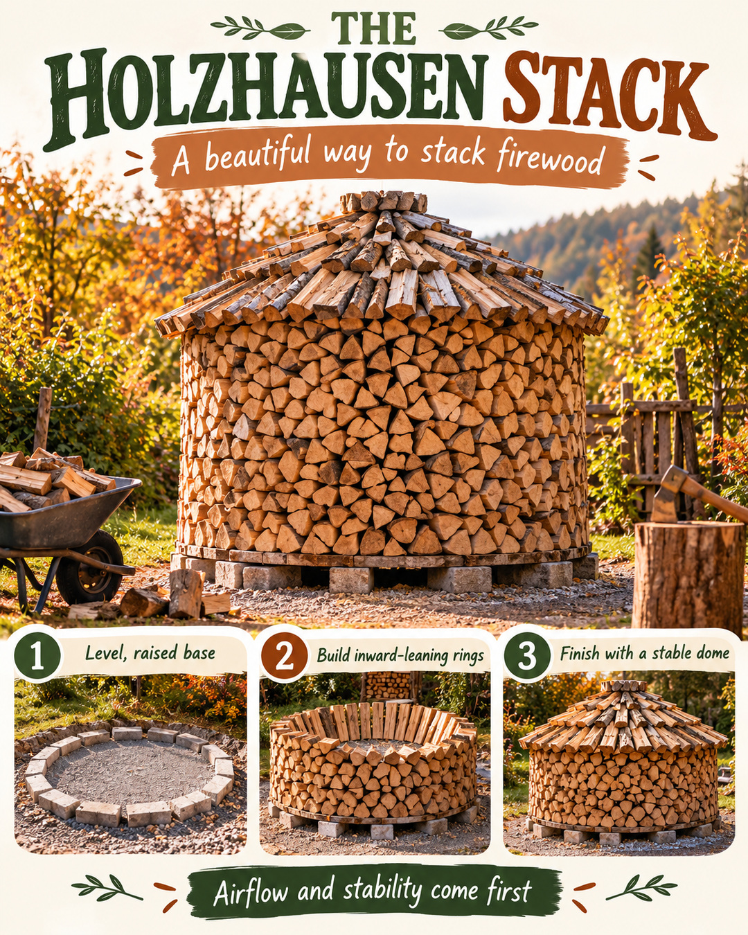 Round Holzhausen firewood stack with a domed top in an autumn yard