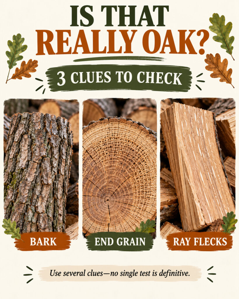 Oak identification infographic with close-up photos of bark, end grain and ray flecks on split wood