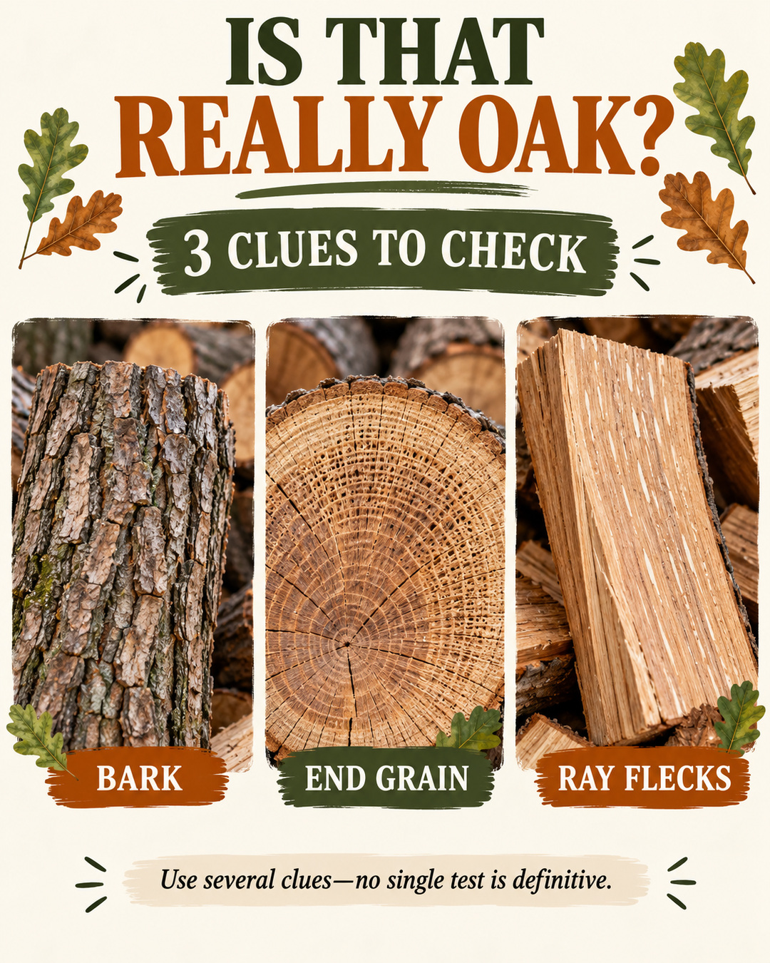 Oak identification infographic with close-up photos of bark, end grain and ray flecks on split wood