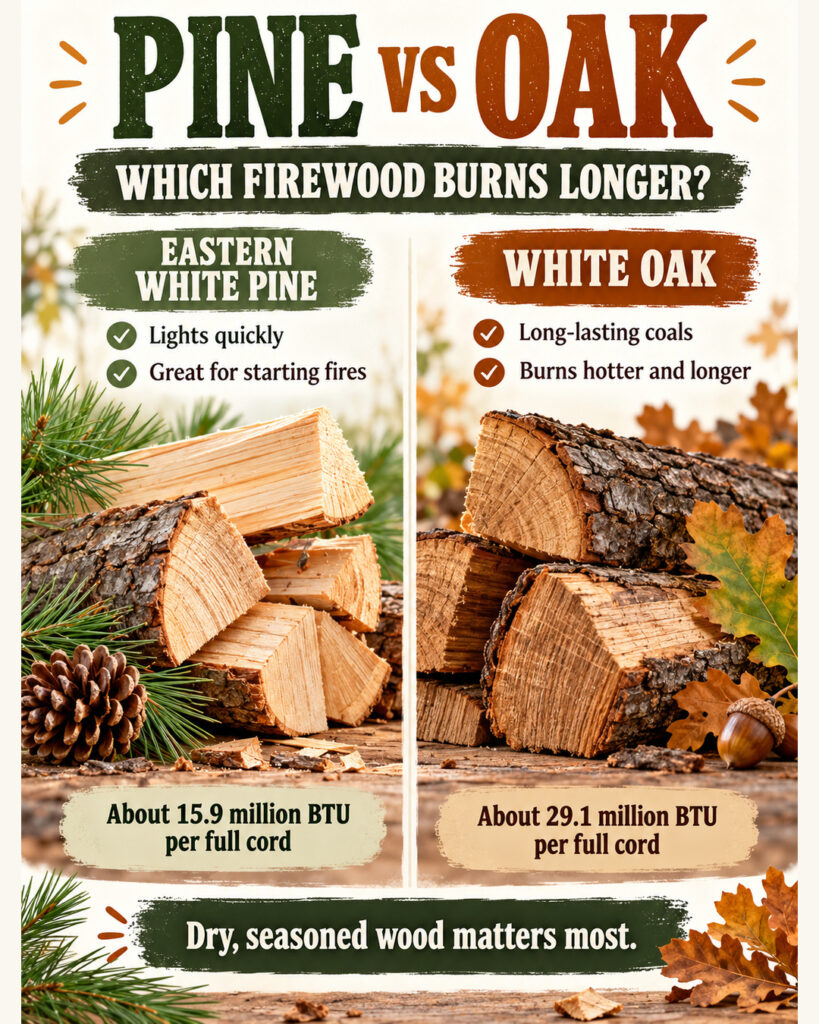 Side-by-side comparison of Eastern white pine and white oak firewood with split logs and burning differences
