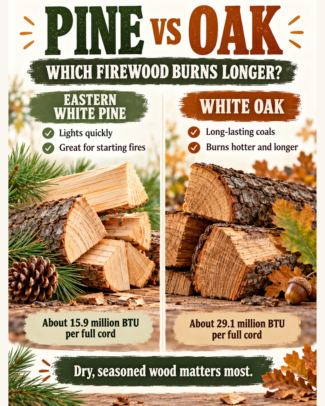 Side-by-side comparison of Eastern white pine and white oak firewood with split logs and burning differences