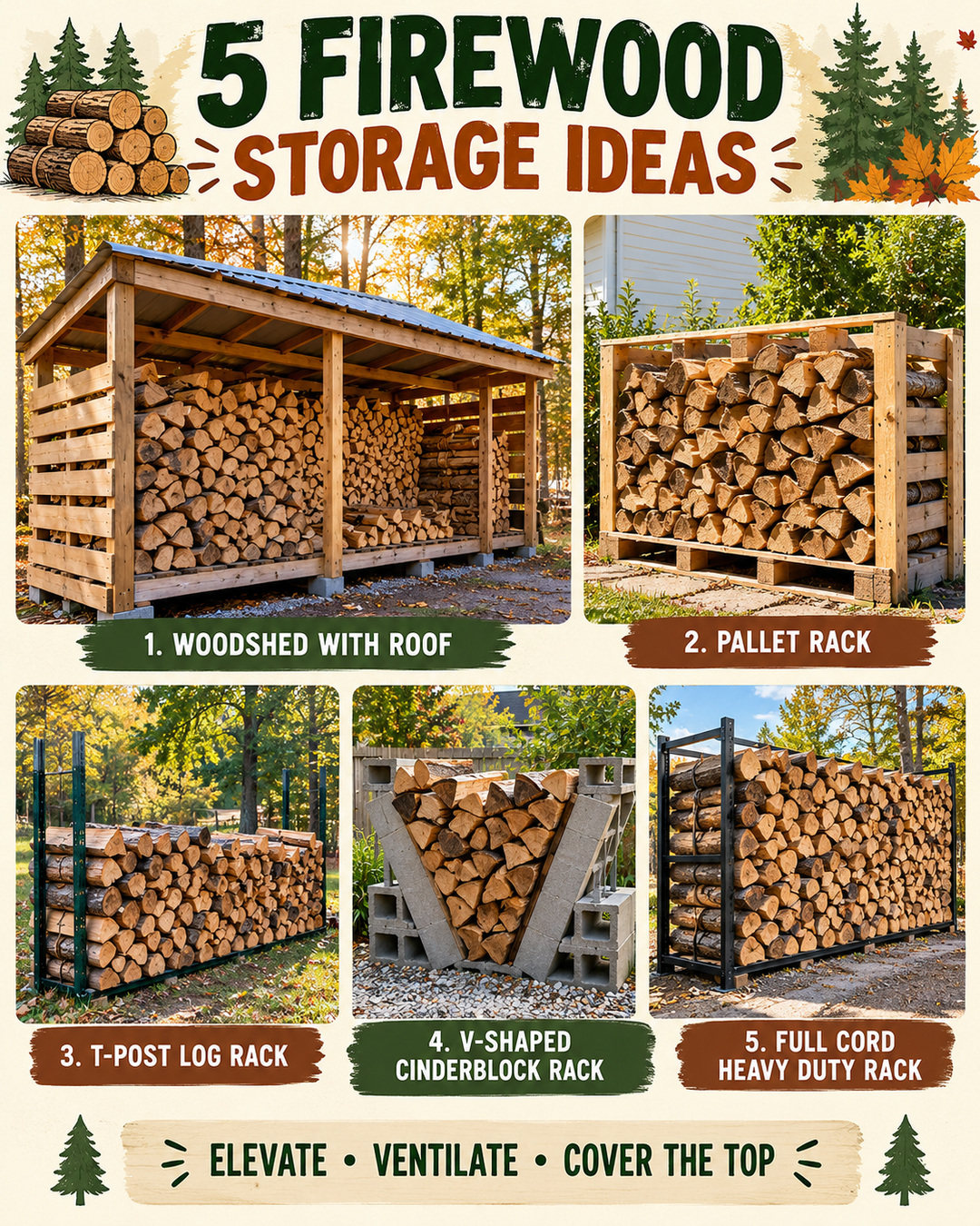 Five firewood storage ideas: a roofed woodshed, pallet rack, T-post log rack, V-shaped cinderblock rack and heavy-duty rack